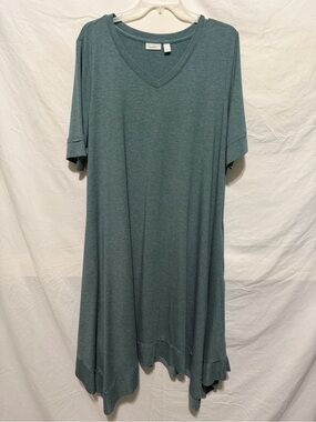 LOGO by Lori Goldstein Teal V-Neck Handkerchief Hem Midi Shirt Dress Size XL